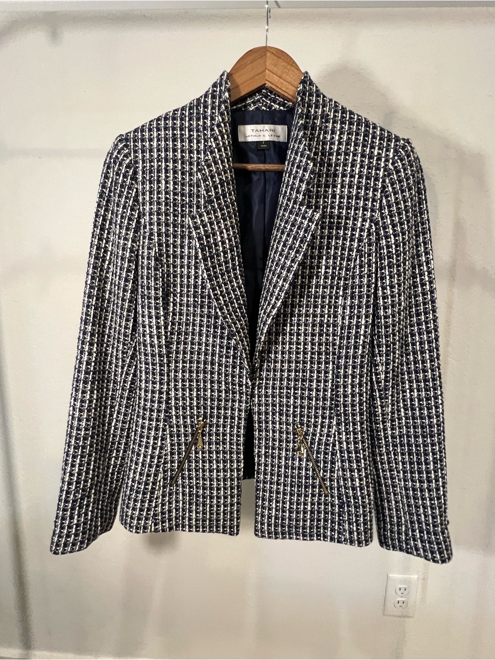 Tahari Arthur S. Levine Navy Blue White Tweed Blazer Jacket Size 2